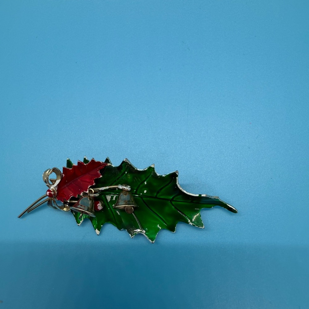 Antique Festive Green and Red Leaf Brooch
